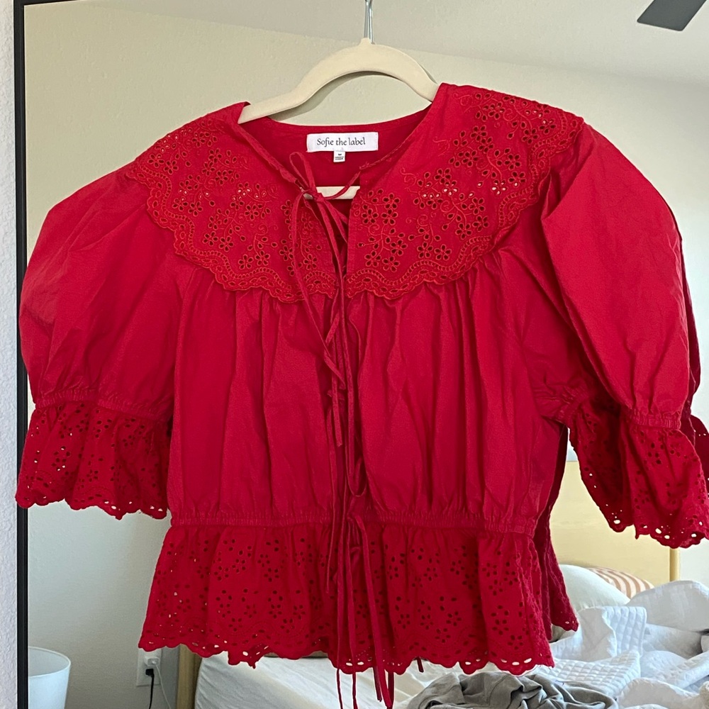 Sofie the Label Red Puff Sleeve Eyelet Top, Size Medium